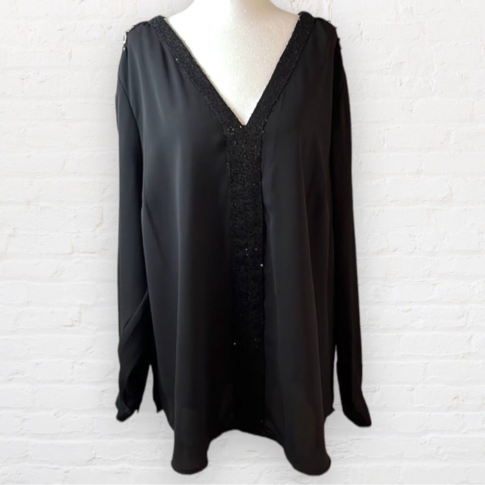 Ny Collection sheer black blouse embellished with sequins down center and V-neck